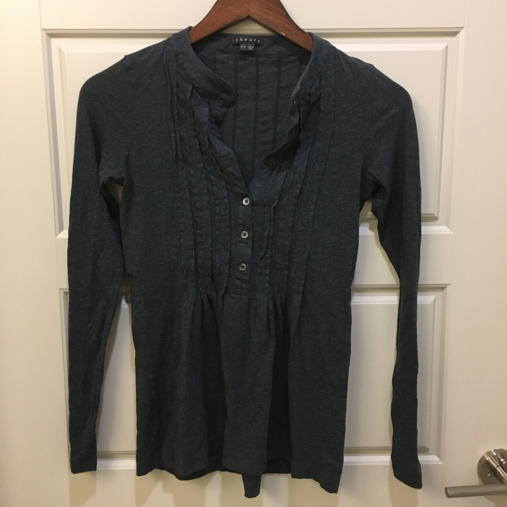 Theory Dark Gray Pleated LS Button V Neck Blouse S